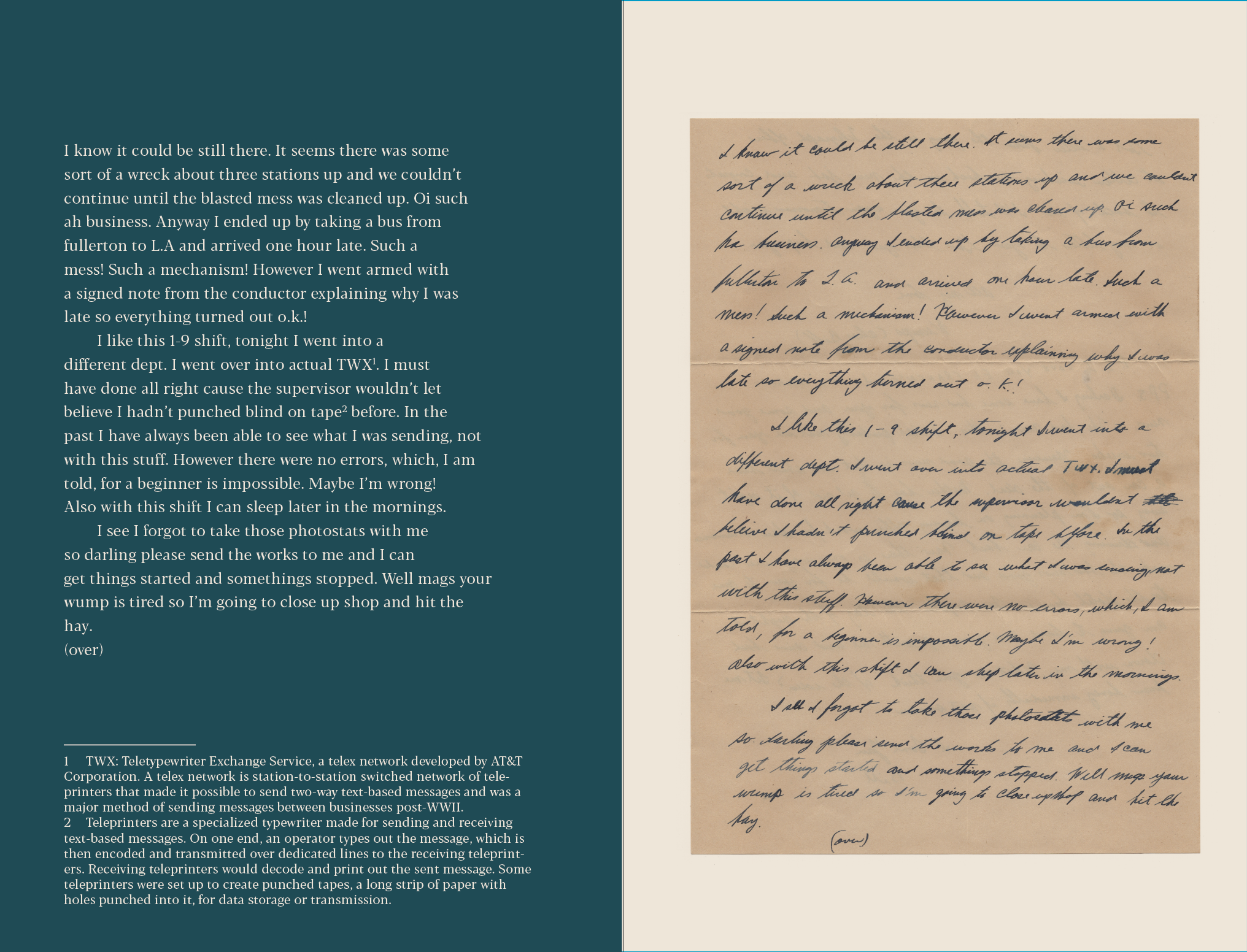 Book spread with an army document and an image of a teletypewriter on the left and text on the right.