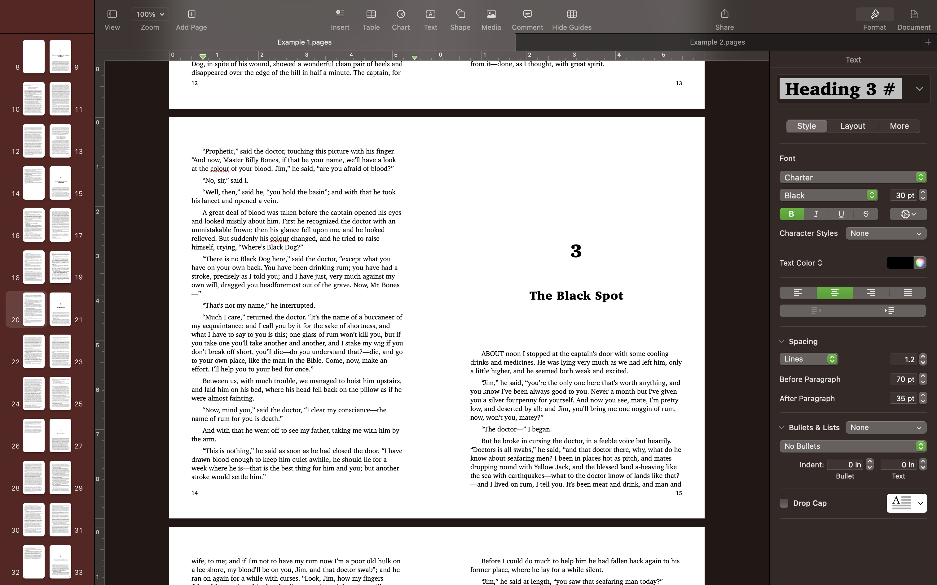 Screenshot of chapter 3 of Treasure Island typeset in Apple Pages.